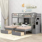 Letto a castello triplo con scale e cassetti, letto a castello triplo Twin su Twin e Twin con ripiani, letti a castello tripli in legno per bambini, grigio