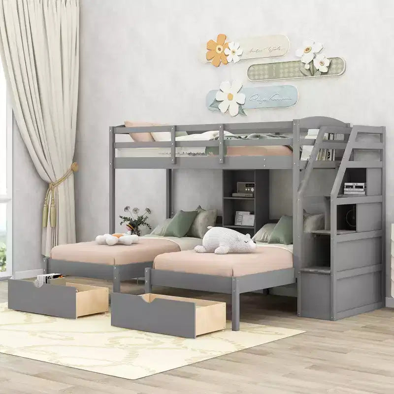 Letto a castello triplo con scale e cassetti, letto a castello triplo Twin su Twin e Twin con ripiani, letti a castello tripli in legno per bambini, grigio