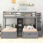 Letto a castello triplo con scale e cassetti, letto a castello triplo Twin su Twin e Twin con ripiani, letti a castello tripli in legno per bambini, grigio