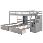 Letto a castello triplo con scale e cassetti, letto a castello triplo Twin su Twin e Twin con ripiani, letti a castello tripli in legno per bambini, grigio
