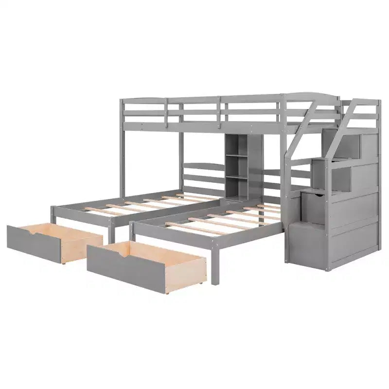 Letto a castello triplo con scale e cassetti, letto a castello triplo Twin su Twin e Twin con ripiani, letti a castello tripli in legno per bambini, grigio