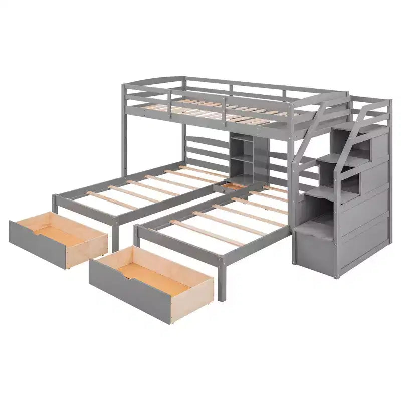 Letto a castello triplo con scale e cassetti, letto a castello triplo Twin su Twin e Twin con ripiani, letti a castello tripli in legno per bambini, grigio