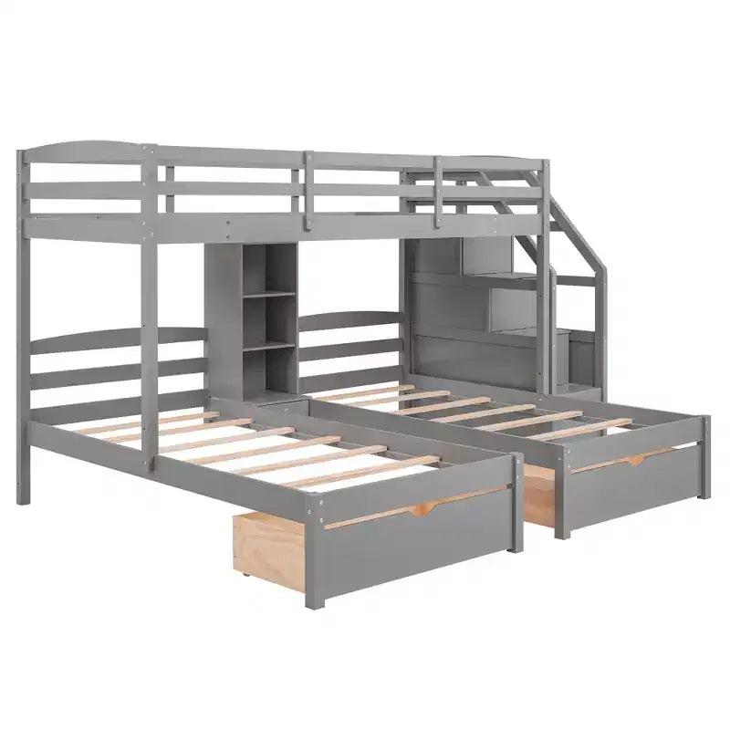 Letto a castello triplo con scale e cassetti, letto a castello triplo Twin su Twin e Twin con ripiani, letti a castello tripli in legno per bambini, grigio