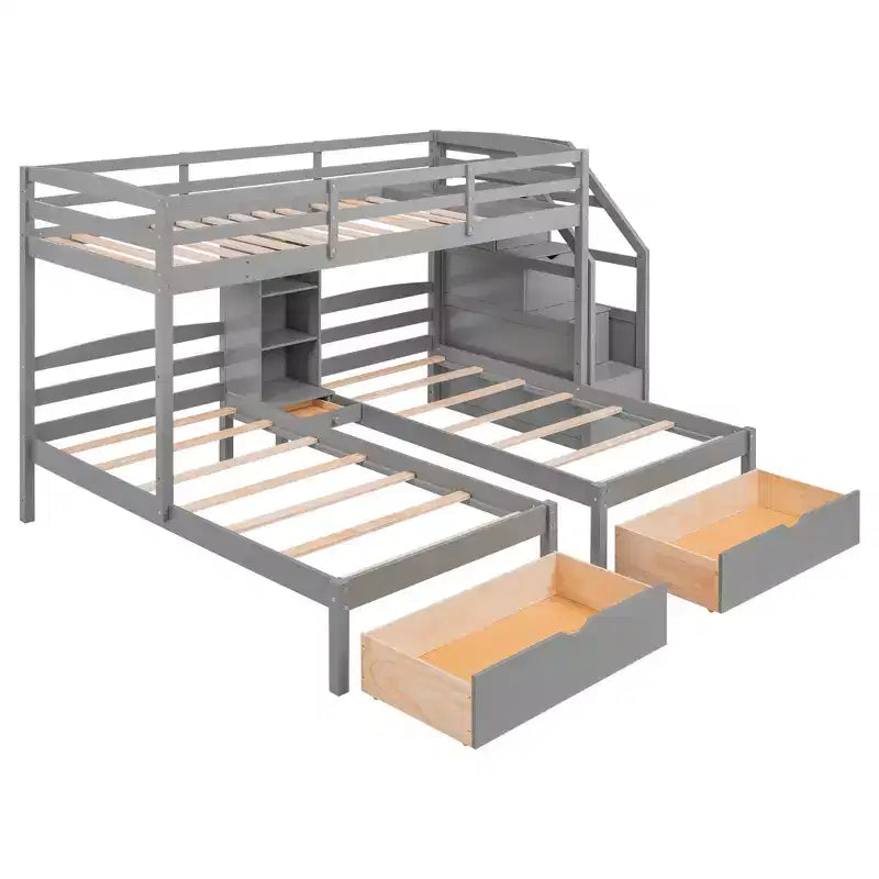 Letto a castello triplo con scale e cassetti, letto a castello triplo Twin su Twin e Twin con ripiani, letti a castello tripli in legno per bambini, grigio