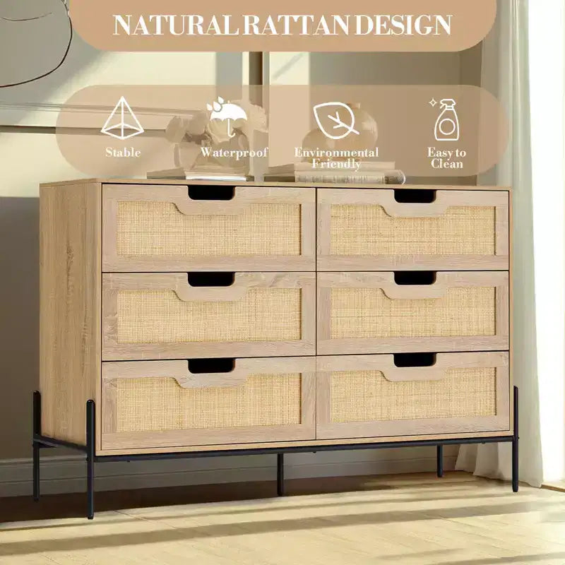 Cassettiera a 6 cassetti per camera da letto Comodino a consolle in rattan per camera da letto