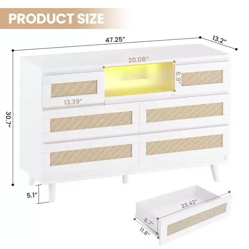 Cassettiera in Legno Naturale di Grandi Dimensioni con 6 Cassetti in Rattan, Luce LED e Stazione di Ricarica per Cabina Armadio, Cameretta, Soggiorno