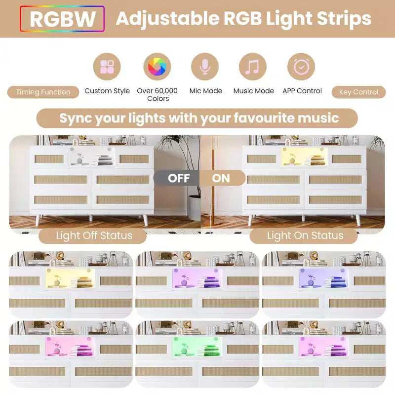 Cassettiera in Legno Naturale di Grandi Dimensioni con 6 Cassetti in Rattan, Luce LED e Stazione di Ricarica per Cabina Armadio, Cameretta, Soggiorno