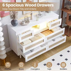Cassettiera in Legno Naturale di Grandi Dimensioni con 6 Cassetti in Rattan, Luce LED e Stazione di Ricarica per Cabina Armadio, Cameretta, Soggiorno