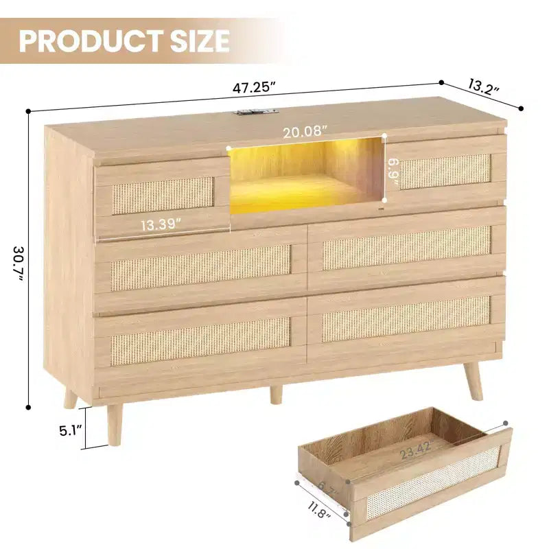 Cassettiera in Legno Naturale di Grandi Dimensioni con 6 Cassetti in Rattan, Luce LED e Stazione di Ricarica per Cabina Armadio, Cameretta, Soggiorno