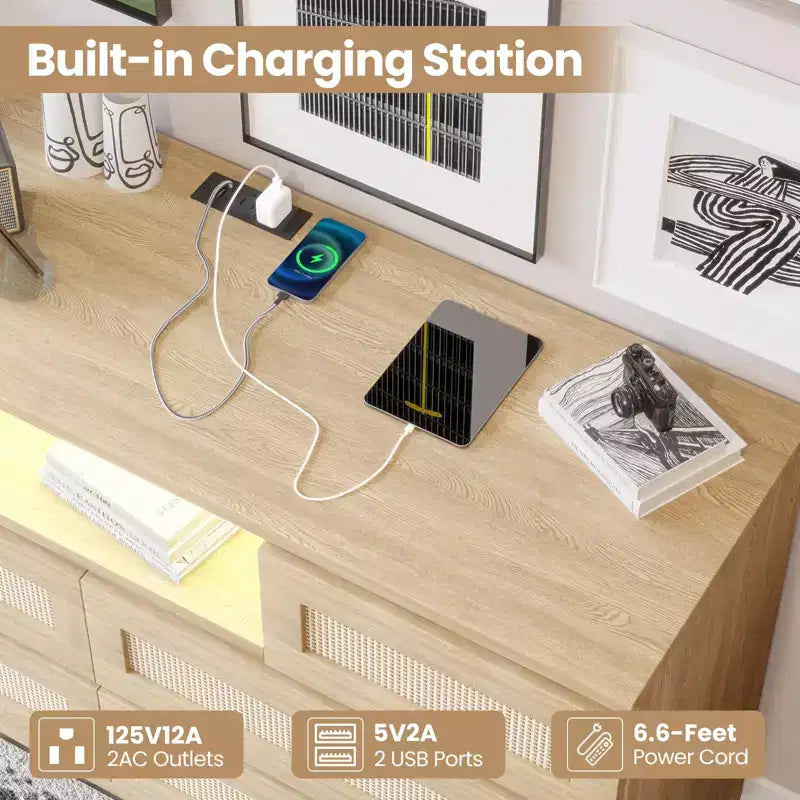 Cassettiera in Legno Naturale di Grandi Dimensioni con 6 Cassetti in Rattan, Luce LED e Stazione di Ricarica per Cabina Armadio, Cameretta, Soggiorno