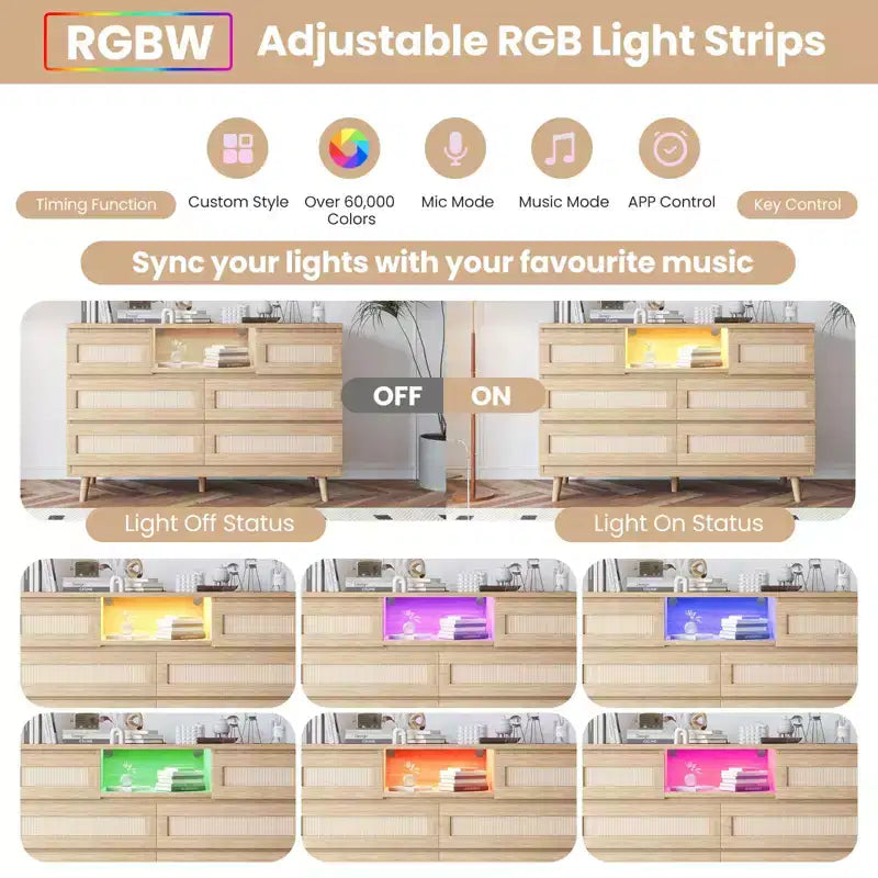 Cassettiera in Legno Naturale di Grandi Dimensioni con 6 Cassetti in Rattan, Luce LED e Stazione di Ricarica per Cabina Armadio, Cameretta, Soggiorno