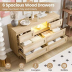 Cassettiera in Legno Naturale di Grandi Dimensioni con 6 Cassetti in Rattan, Luce LED e Stazione di Ricarica per Cabina Armadio, Cameretta, Soggiorno