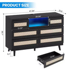 Cassettiera in Legno Naturale di Grandi Dimensioni con 6 Cassetti in Rattan, Luce LED e Stazione di Ricarica per Cabina Armadio, Cameretta, Soggiorno