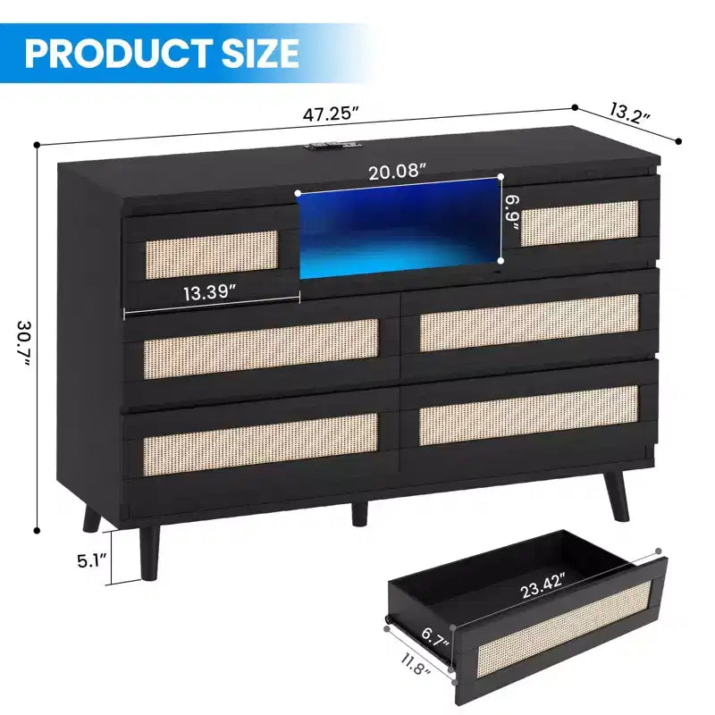 Cassettiera in Legno Naturale di Grandi Dimensioni con 6 Cassetti in Rattan, Luce LED e Stazione di Ricarica per Cabina Armadio, Cameretta, Soggiorno