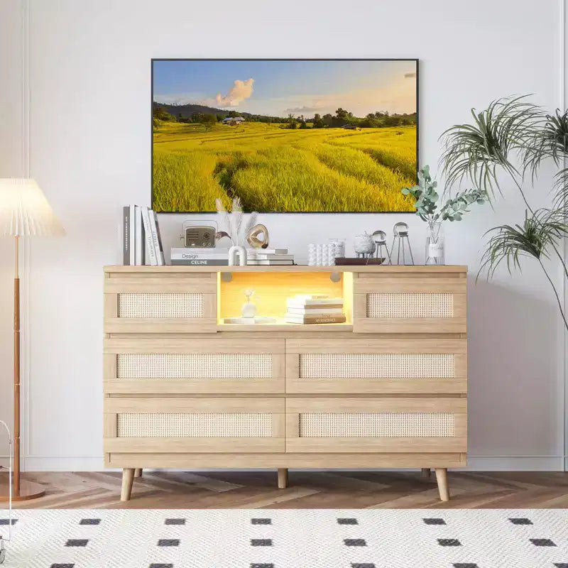 Cassettiera in Legno Naturale di Grandi Dimensioni con 6 Cassetti in Rattan, Luce LED e Stazione di Ricarica per Cabina Armadio, Cameretta, Soggiorno