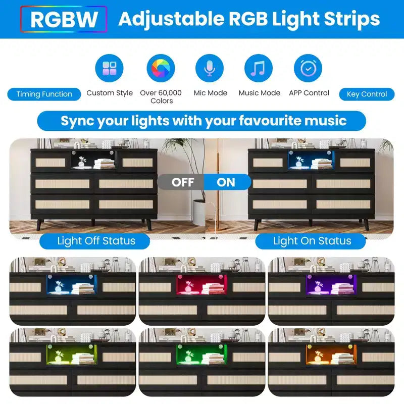 Cassettiera in Legno Naturale di Grandi Dimensioni con 6 Cassetti in Rattan, Luce LED e Stazione di Ricarica per Cabina Armadio, Cameretta, Soggiorno