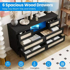 Cassettiera in Legno Naturale di Grandi Dimensioni con 6 Cassetti in Rattan, Luce LED e Stazione di Ricarica per Cabina Armadio, Cameretta, Soggiorno