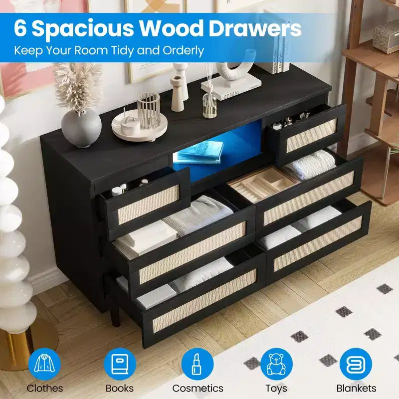 Cassettiera in Legno Naturale di Grandi Dimensioni con 6 Cassetti in Rattan, Luce LED e Stazione di Ricarica per Cabina Armadio, Cameretta, Soggiorno