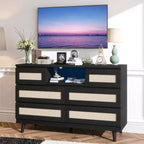 Cassettiera in Legno Naturale di Grandi Dimensioni con 6 Cassetti in Rattan, Luce LED e Stazione di Ricarica per Cabina Armadio, Cameretta, Soggiorno