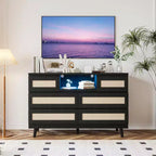 Cassettiera in Legno Naturale di Grandi Dimensioni con 6 Cassetti in Rattan, Luce LED e Stazione di Ricarica per Cabina Armadio, Cameretta, Soggiorno