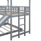 Letto a castello Twin over Full con scaletta e scivolo incorporati, Struttura letto a castello in legno con sponde a tutta lunghezza per cameretta di ragazze e ragazzi