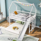 Letto a castello Twin over Full con scaletta e scivolo incorporati, Struttura letto a castello in legno con sponde a tutta lunghezza per cameretta di ragazze e ragazzi