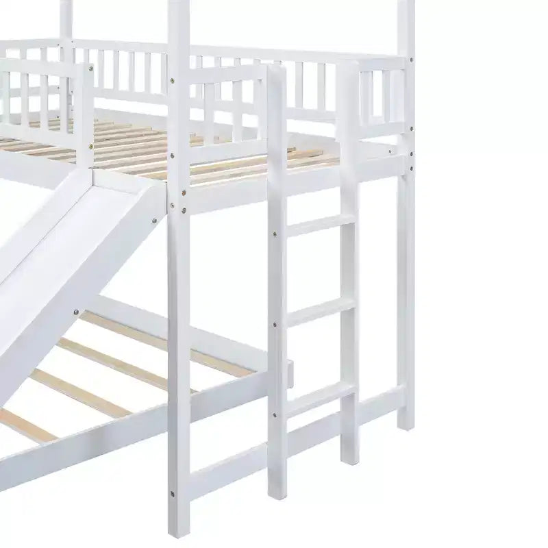 Letto a castello Twin over Full con scaletta e scivolo incorporati, Struttura letto a castello in legno con sponde a tutta lunghezza per cameretta di ragazze e ragazzi