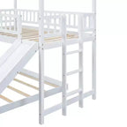Letto a castello Twin over Full con scaletta e scivolo incorporati, Struttura letto a castello in legno con sponde a tutta lunghezza per cameretta di ragazze e ragazzi