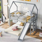 Letto a castello Twin over Full con scaletta e scivolo incorporati, Struttura letto a castello in legno con sponde a tutta lunghezza per cameretta di ragazze e ragazzi