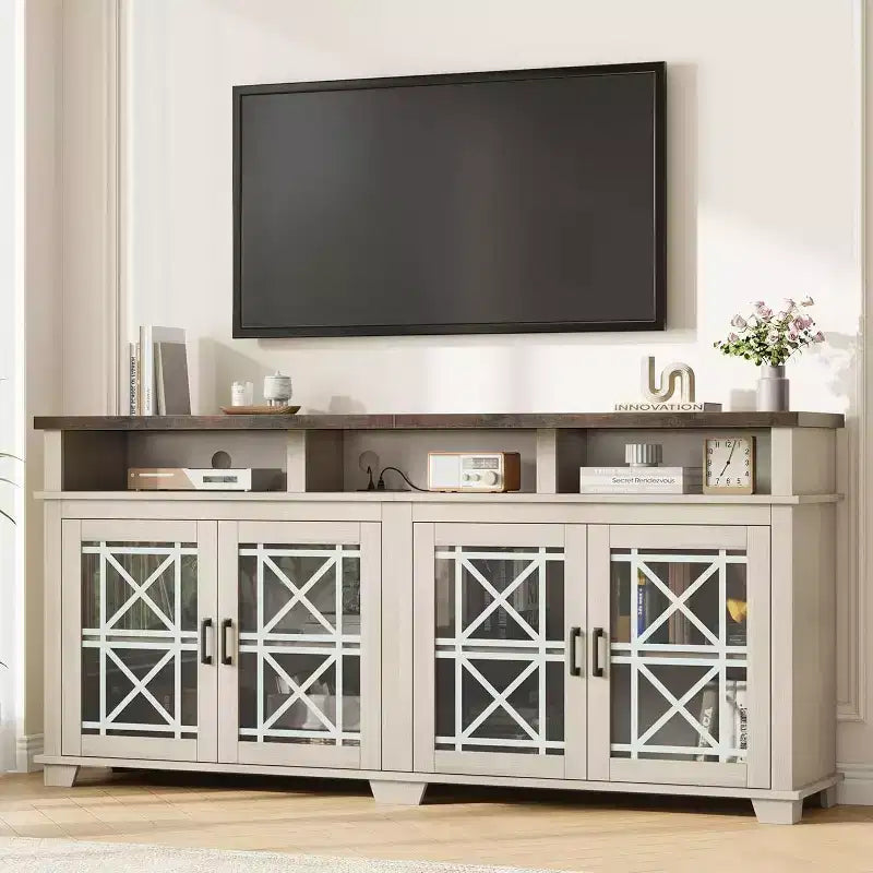 Acekool Farmhouse TV Stand for 70 Inch TV, Modern Entertainment Center with Glass Doors and Storage, Media Console Cabinet for Living Room, White