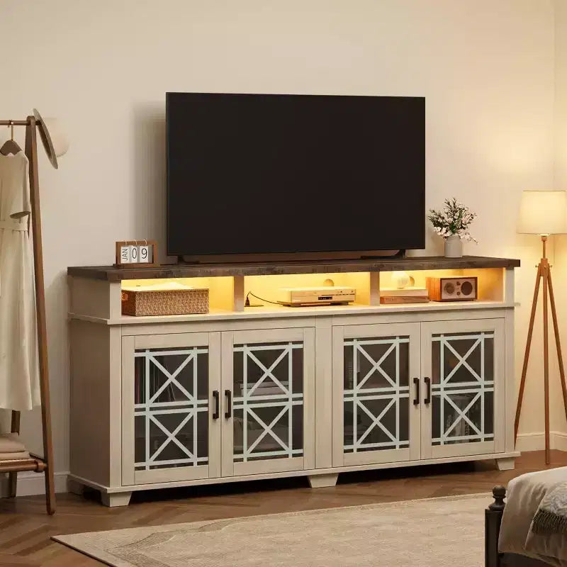 Acekool Mobile TV Rustico per TV da 70 Pollici, Mobile Porta TV Moderno con Ante in Vetro e Spazio Contenitore, Mobile per Console Multimediale per Soggiorno, Bianco