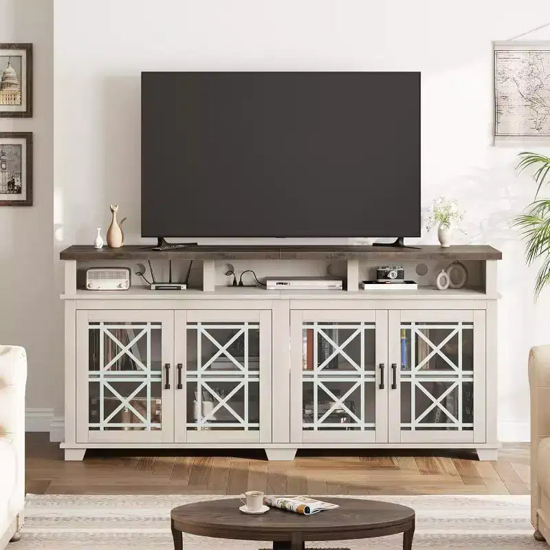 Acekool Mobile TV Rustico per TV da 70 Pollici, Mobile Porta TV Moderno con Ante in Vetro e Spazio Contenitore, Mobile per Console Multimediale per Soggiorno, Bianco