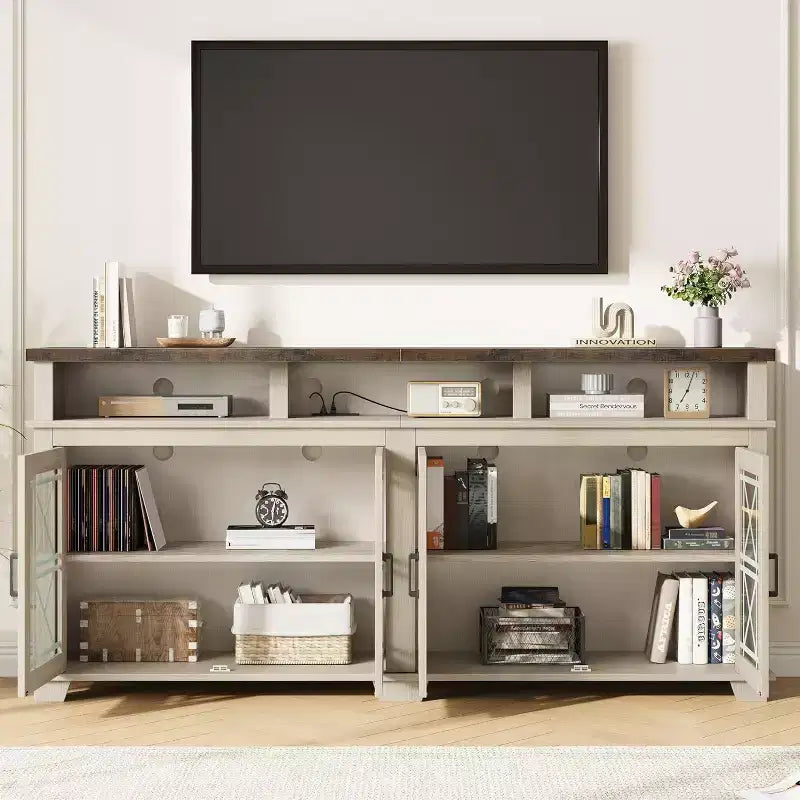 Acekool Mobile TV Rustico per TV da 70 Pollici, Mobile Porta TV Moderno con Ante in Vetro e Spazio Contenitore, Mobile per Console Multimediale per Soggiorno, Bianco