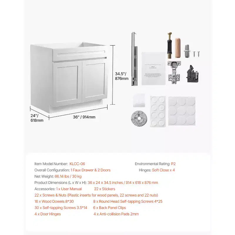 Mobile base VEVOR per lavello serie Shaker, 36 pollici, da assemblare, 36 L x 24 P x 34,5 A, bianco