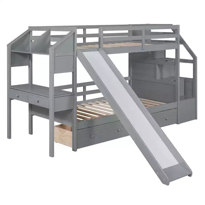Letto a castello singolo su singolo con scivolo e scrivania per bambini, Struttura letto a castello in legno con scala portaoggetti e cassetti e ripiani