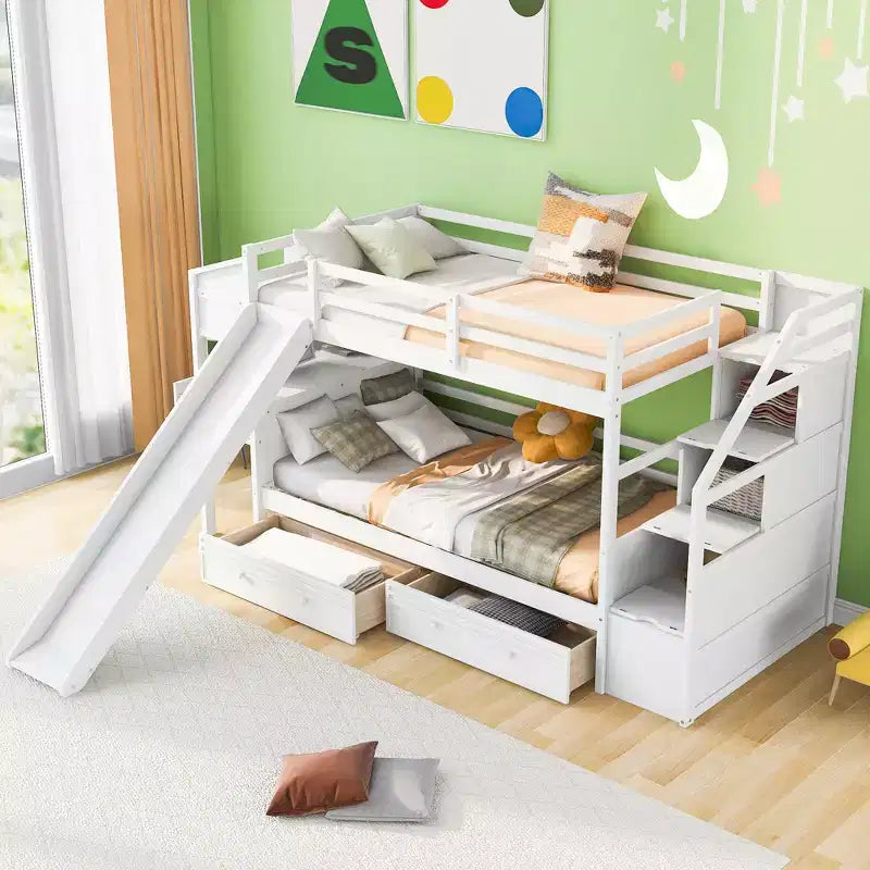 Letto a castello singolo su singolo con scivolo e scrivania per bambini, Struttura letto a castello in legno con scala portaoggetti e cassetti e ripiani