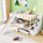 Letto a castello singolo su singolo con scivolo e scrivania per bambini, Struttura letto a castello in legno con scala portaoggetti e cassetti e ripiani