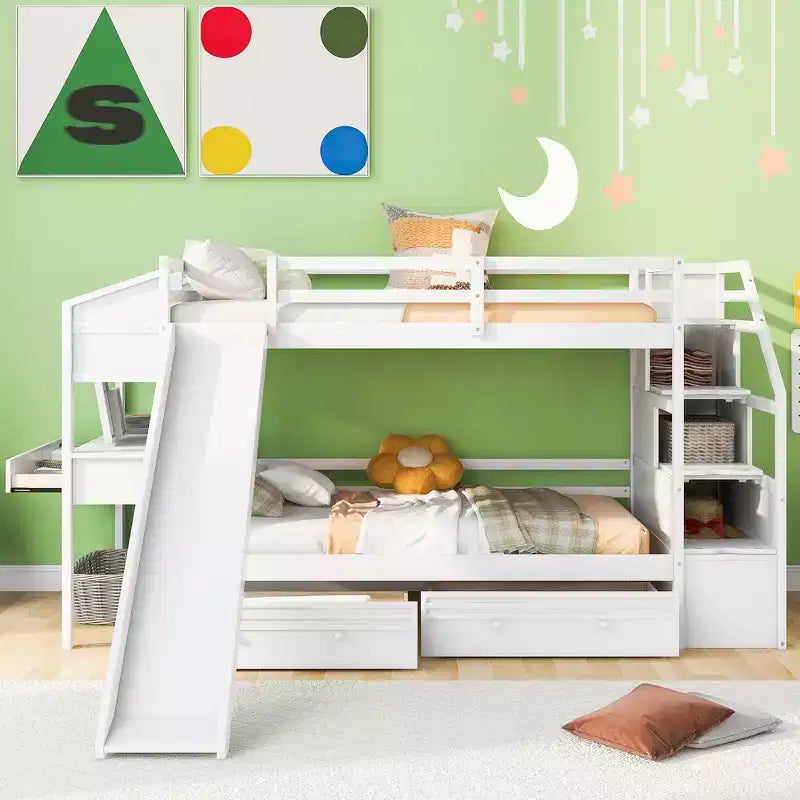 Letto a castello singolo su singolo con scivolo e scrivania per bambini, Struttura letto a castello in legno con scala portaoggetti e cassetti e ripiani