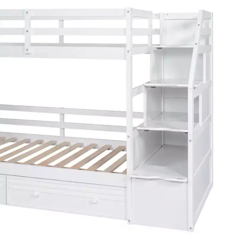 Letto a castello singolo su singolo con scivolo e scrivania per bambini, Struttura letto a castello in legno con scala portaoggetti e cassetti e ripiani