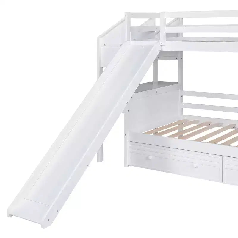 Letto a castello singolo su singolo con scivolo e scrivania per bambini, Struttura letto a castello in legno con scala portaoggetti e cassetti e ripiani
