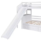 Letto a castello singolo su singolo con scivolo e scrivania per bambini, Struttura letto a castello in legno con scala portaoggetti e cassetti e ripiani
