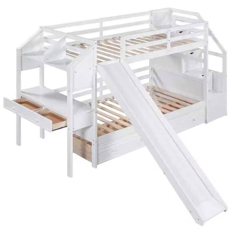 Letto a castello singolo su singolo con scivolo e scrivania per bambini, Struttura letto a castello in legno con scala portaoggetti e cassetti e ripiani