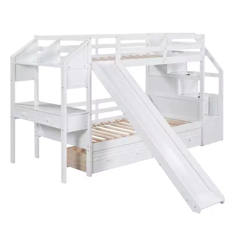 Letto a castello singolo su singolo con scivolo e scrivania per bambini, Struttura letto a castello in legno con scala portaoggetti e cassetti e ripiani