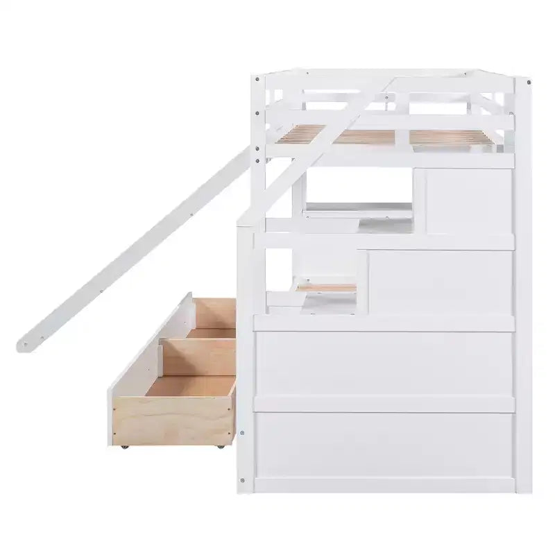 Letto a castello singolo su singolo con scivolo e scrivania per bambini, Struttura letto a castello in legno con scala portaoggetti e cassetti e ripiani