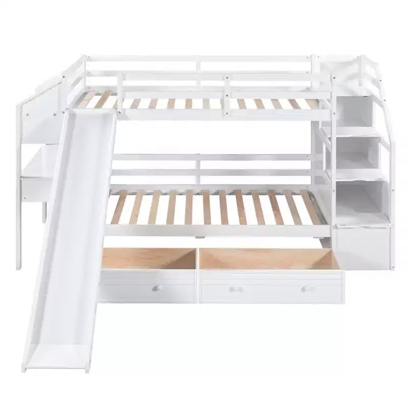 Letto a castello singolo su singolo con scivolo e scrivania per bambini, Struttura letto a castello in legno con scala portaoggetti e cassetti e ripiani