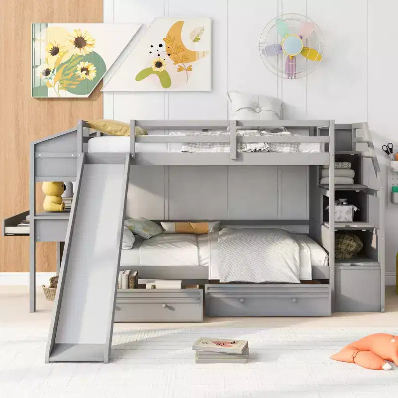 Letto a castello singolo su singolo con scivolo e scrivania per bambini, Struttura letto a castello in legno con scala portaoggetti e cassetti e ripiani