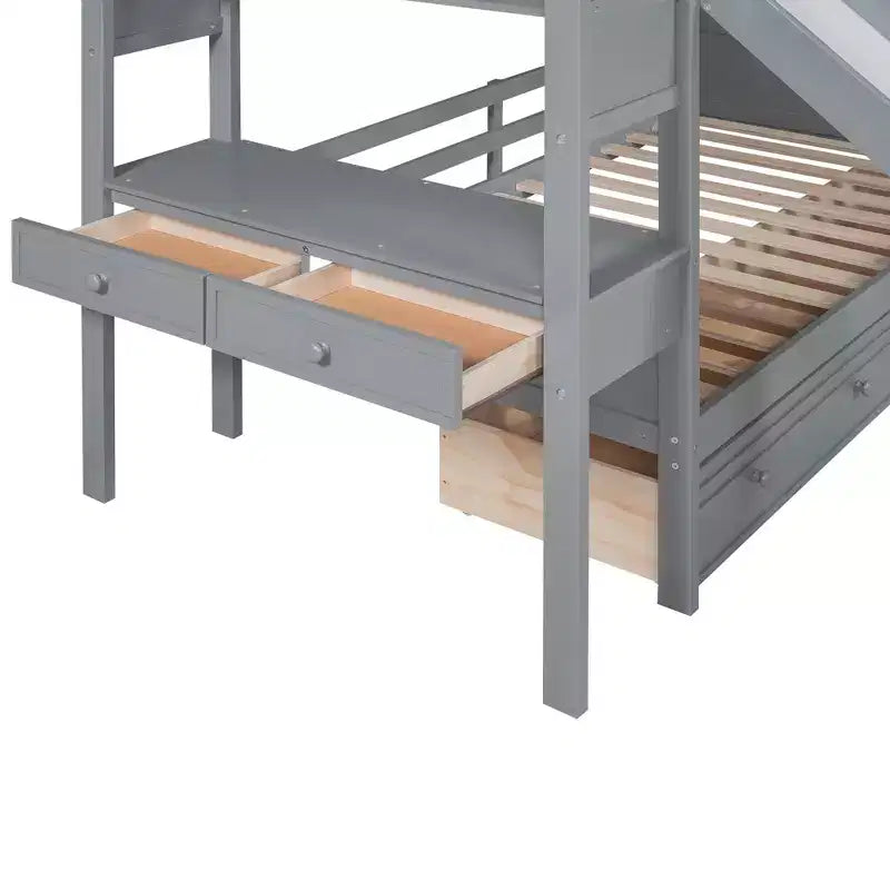 Letto a castello singolo su singolo con scivolo e scrivania per bambini, Struttura letto a castello in legno con scala portaoggetti e cassetti e ripiani