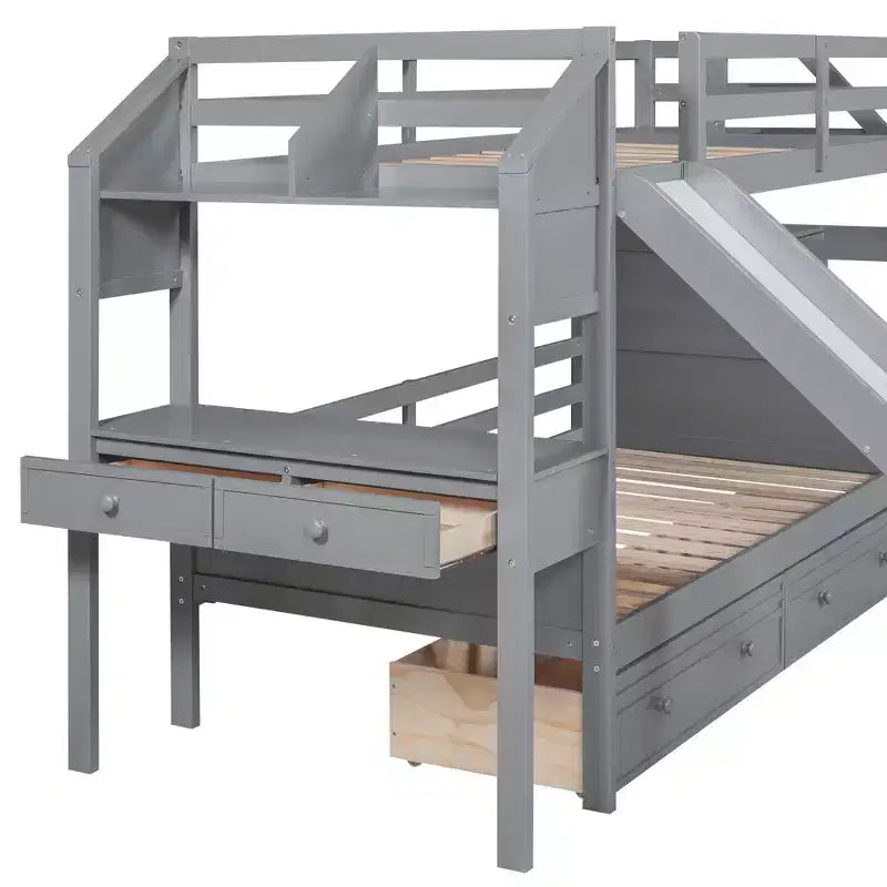 Letto a castello singolo su singolo con scivolo e scrivania per bambini, Struttura letto a castello in legno con scala portaoggetti e cassetti e ripiani