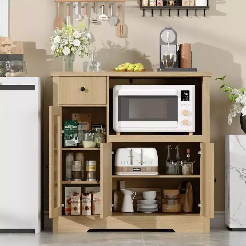 Pensili da cucina a microonde GustoWave con contenitore, con 3 ante, 1 cassetto e ripiani regolabili, mobiletto per dispensa