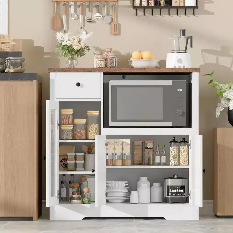 Pensili da cucina a microonde GustoWave con contenitore, con 3 ante, 1 cassetto e ripiani regolabili, mobiletto per dispensa